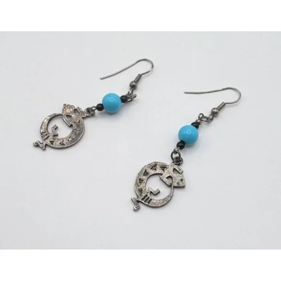 Vintage Lizard Dangle Earrings Silver Tone With Bead Accents Desert Gecko - Picture 4 of 6